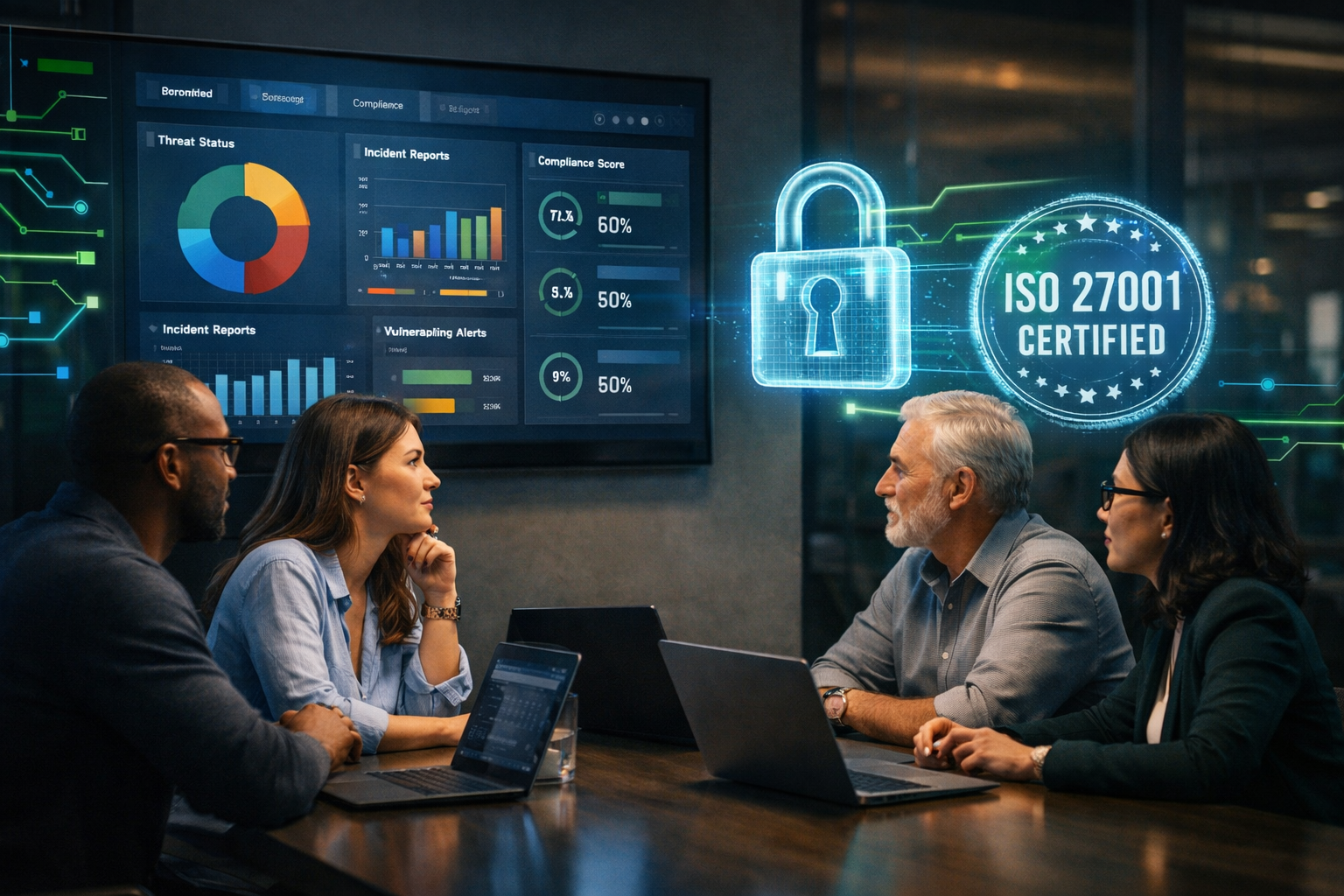 Equipe de TI em ambiente corporativo com elementos visuais de cibersegurança e selo ISO 27001, representando compliance e auditoria de TI com InvGate.