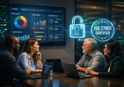 Equipe de TI em ambiente corporativo com elementos visuais de cibersegurança e selo ISO 27001, representando compliance e auditoria de TI com InvGate.